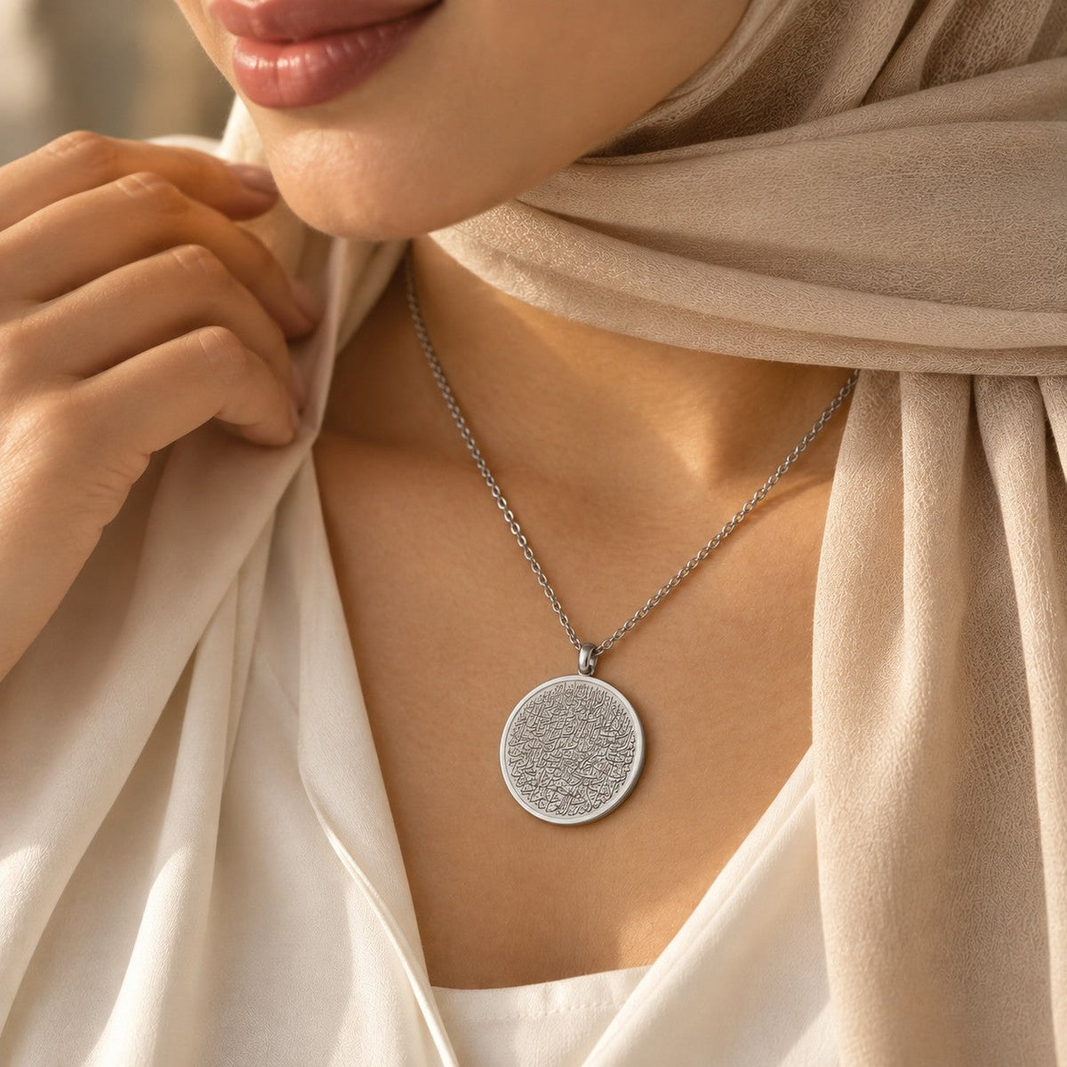 Woman wearing the Ayatul Kursi Necklace | Women in silver