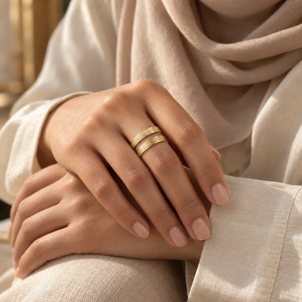 Woman wearing the Ayatul Kursi Spiral Ring
