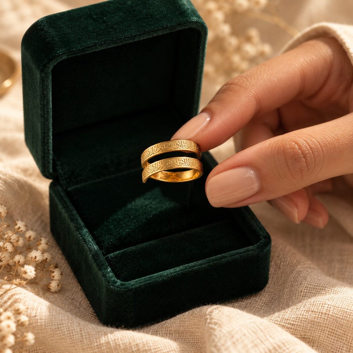 Ayatul Kursi Spiral Ring presented in an plum velvet gift box