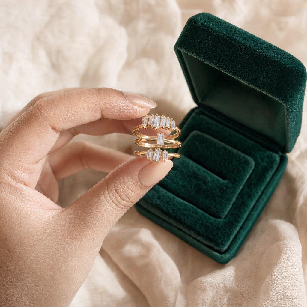 Baguette Cluster Ring Set presented in an plum velvet gift box