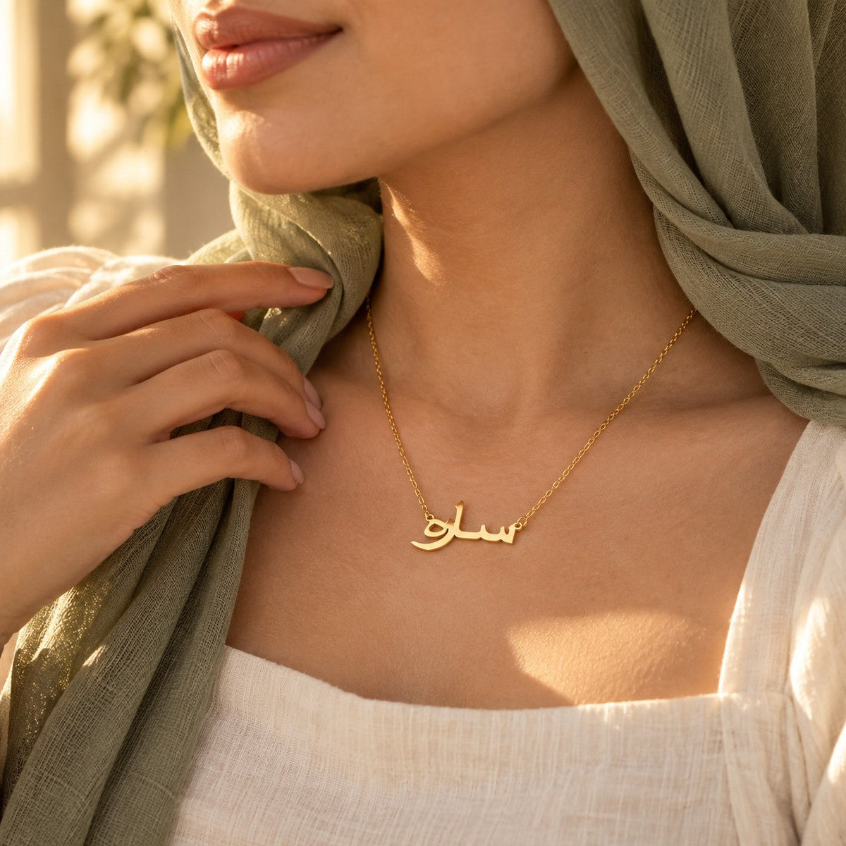 Editorial photo of the Custom Name Necklace 18k being worn
