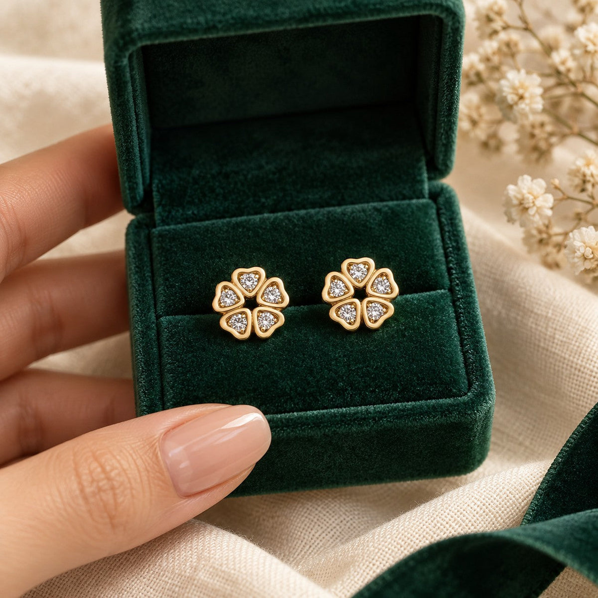 Malak Moissanite Earrings presented in an plum velvet gift box