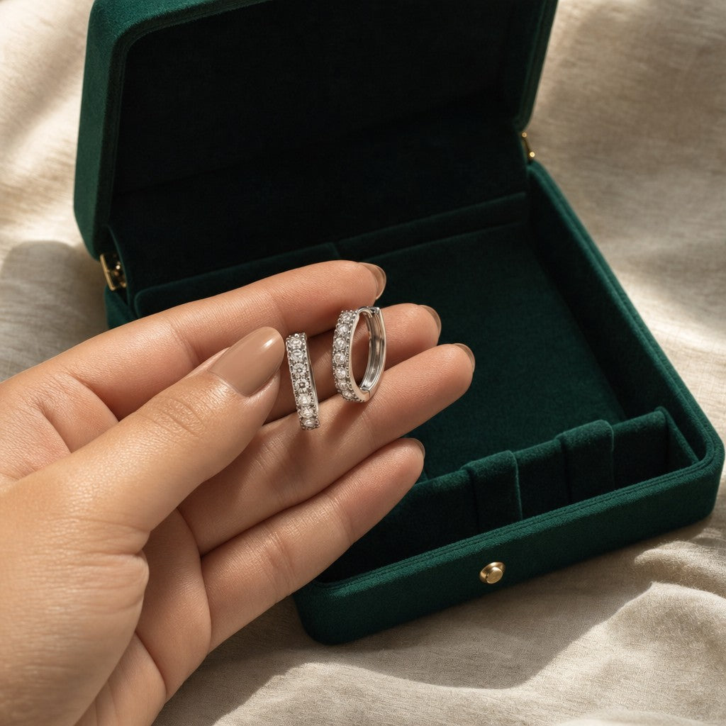 Layal Moissanite Hoops presented in an plum velvet gift box