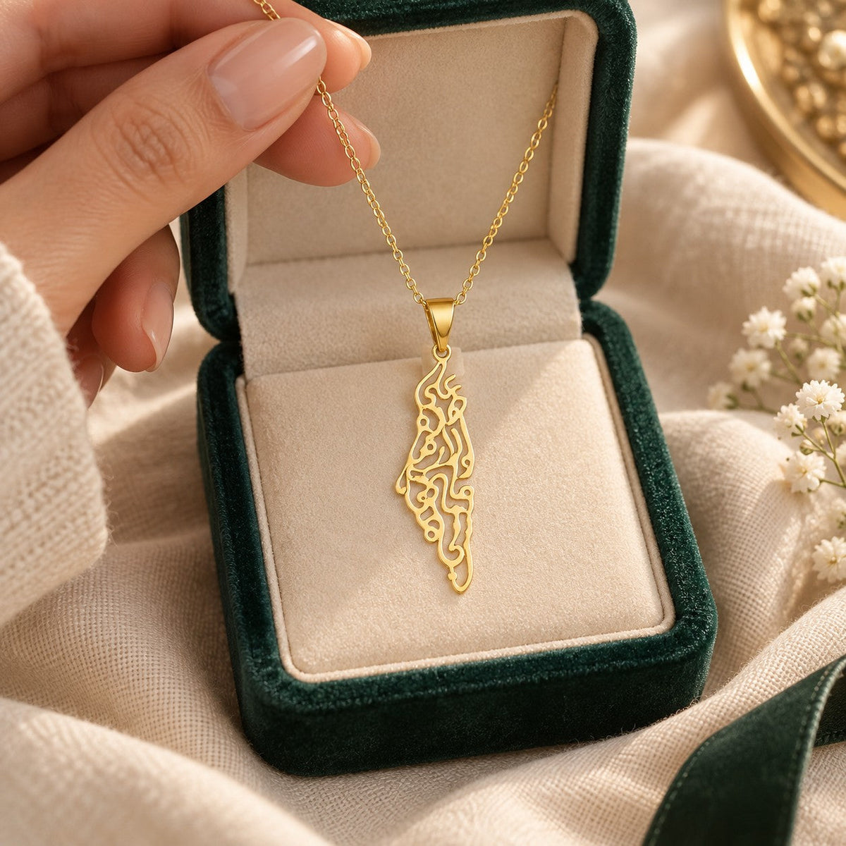 Palestine Calligraphy Map Necklace presented in an plum velvet gift box