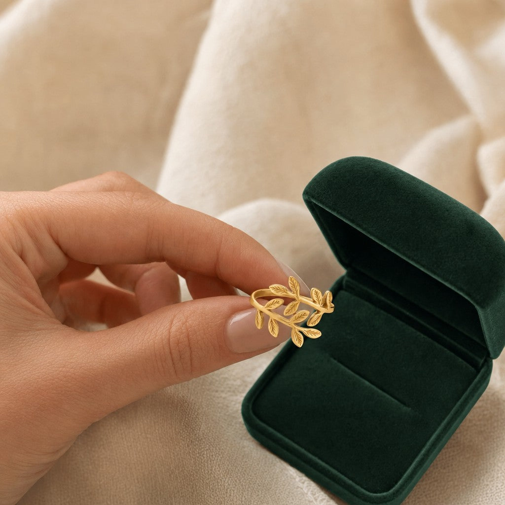 Palestine Olive Leaf Ring presented in an plum velvet gift box
