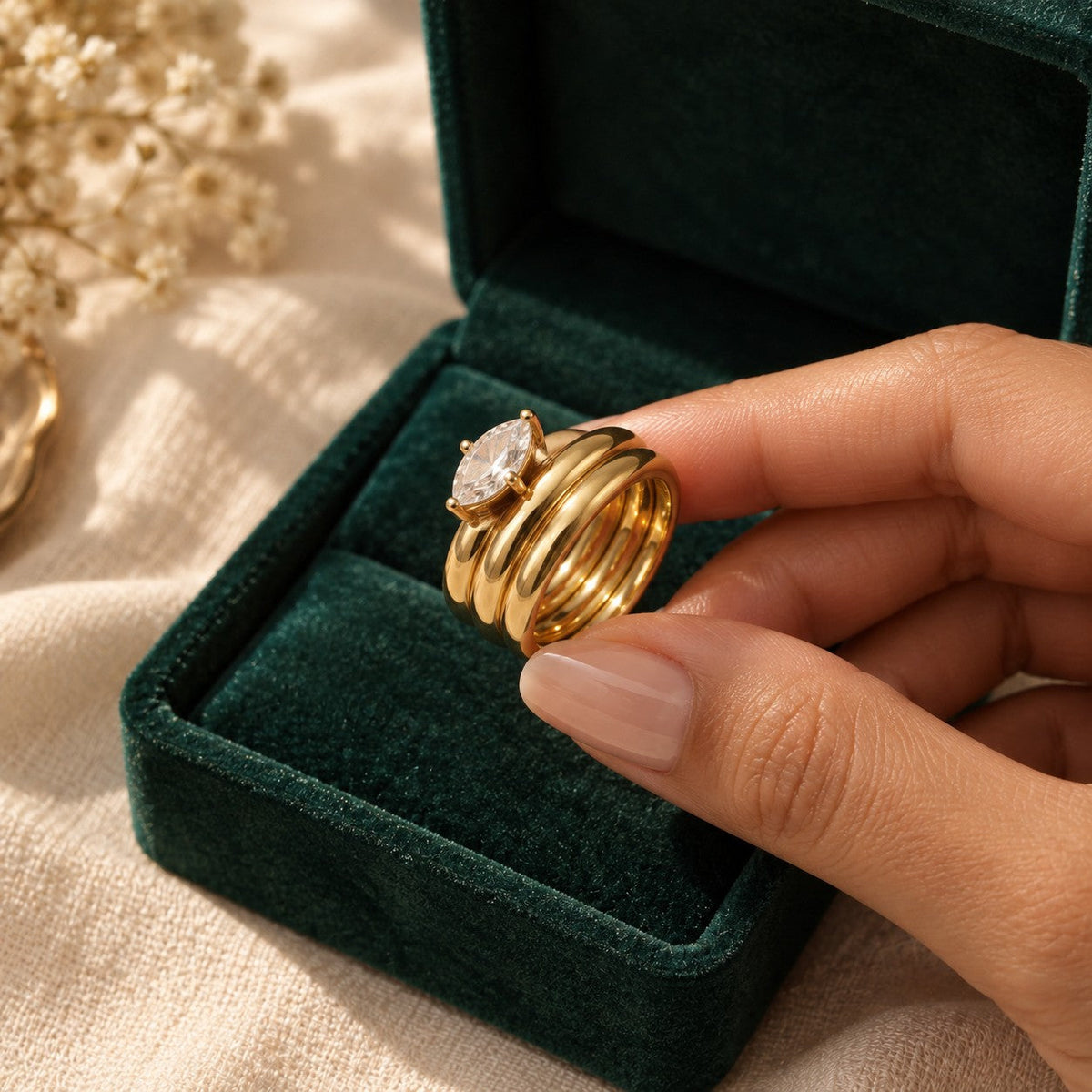 Rania Ring presented in an plum velvet gift box