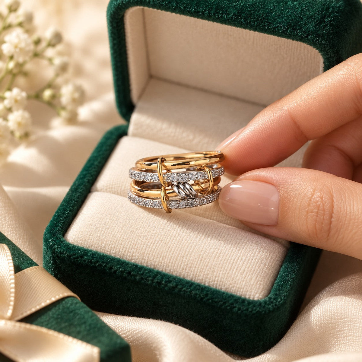 Sabr Stack Ring presented in an plum velvet gift box