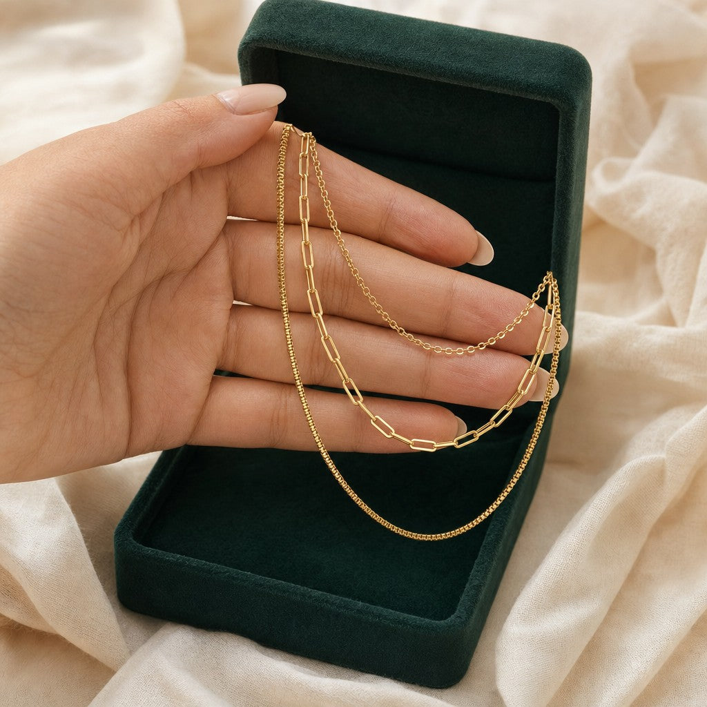 Trio Layered Chain presented in an plum velvet gift box