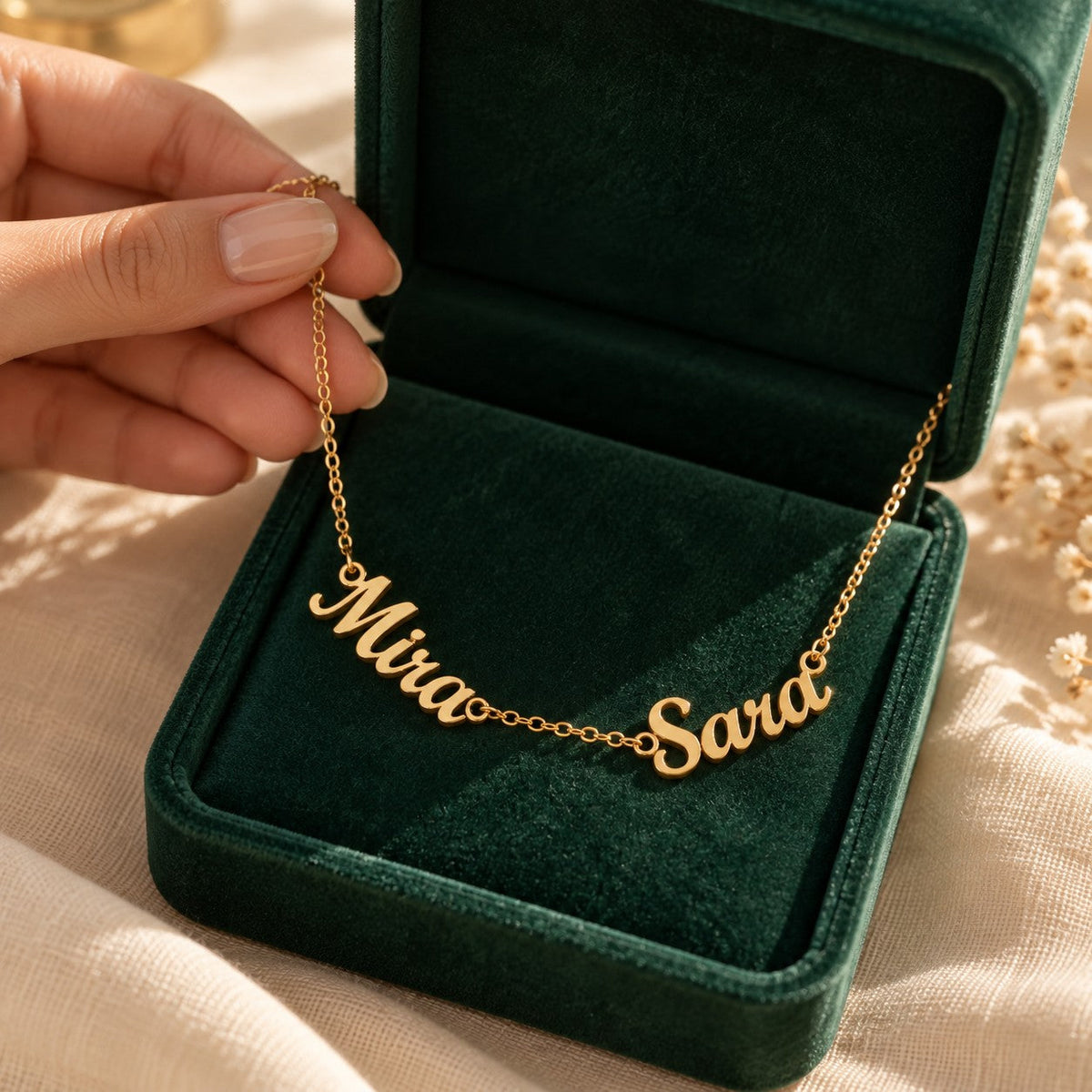 Wasl English Multiple Names Necklace presented in an plum velvet gift box
