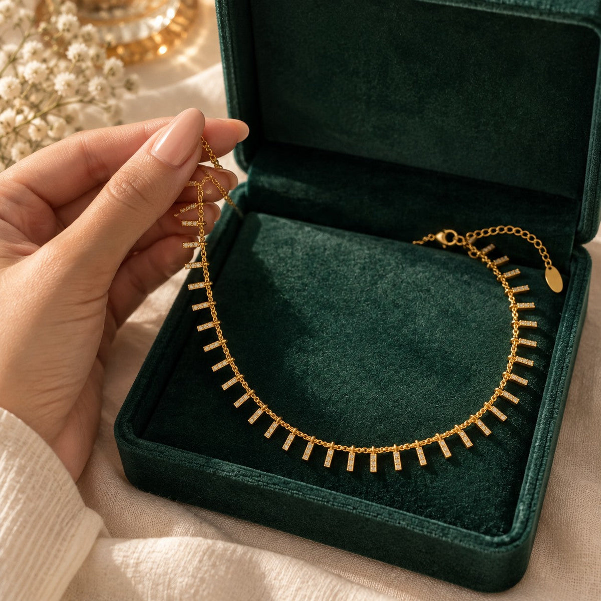 Zayna Dangle Choker presented in an plum velvet gift box