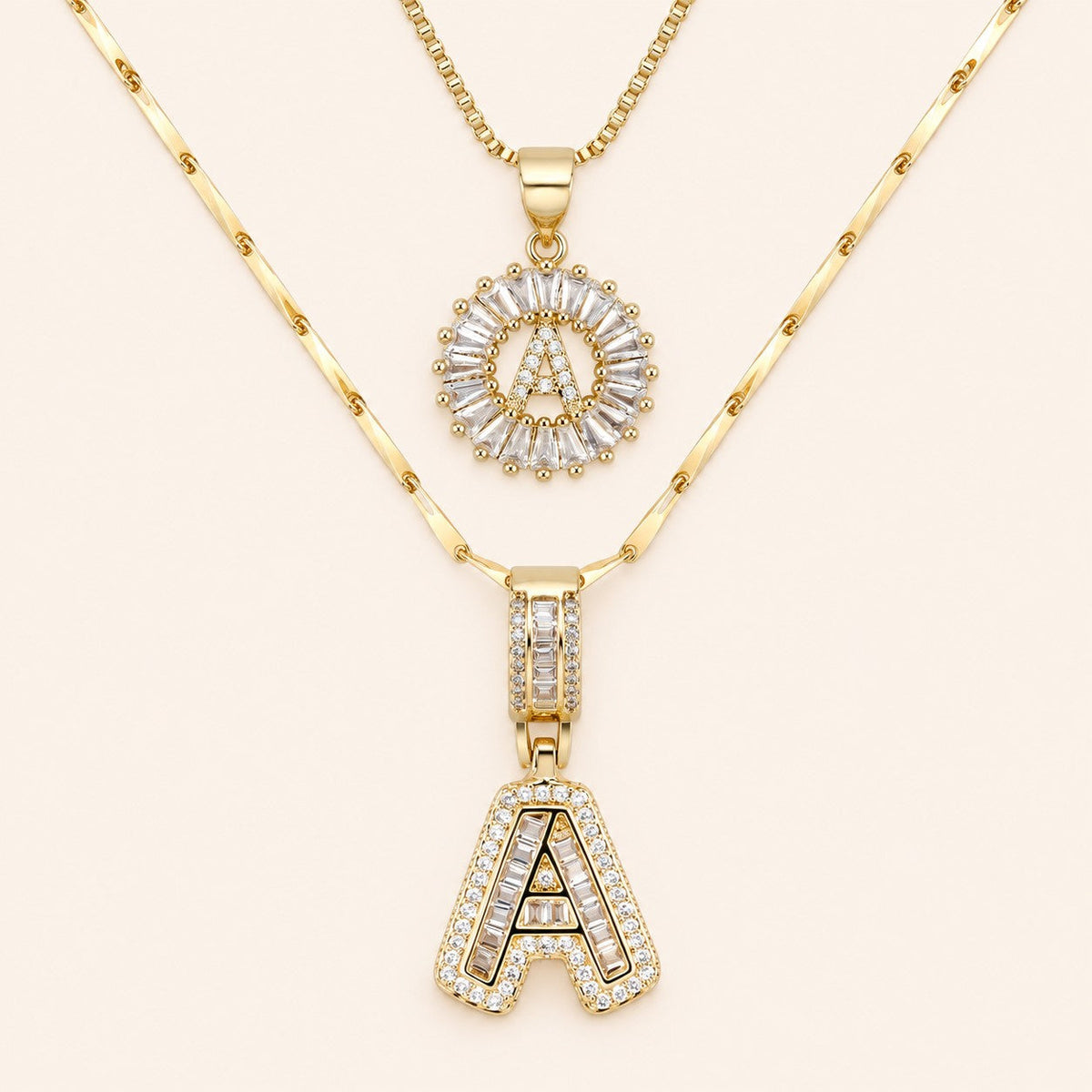 2pc 14k Diamond Letter Initial Necklaces, gold finish