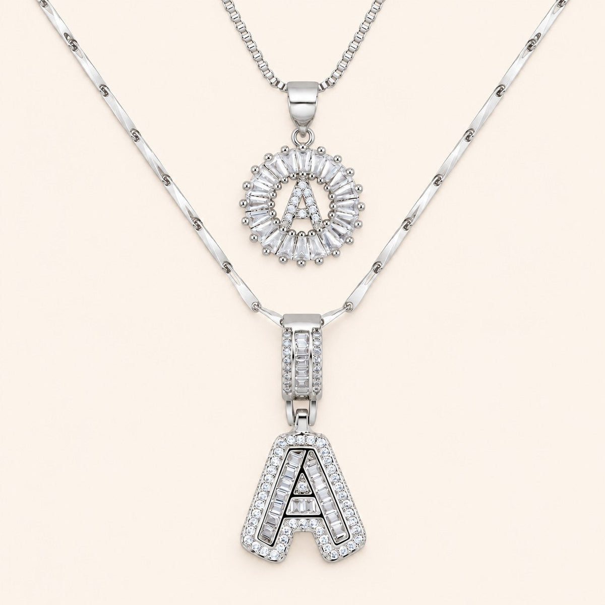 2pc 14k Diamond Letter Initial Necklaces, silver finish