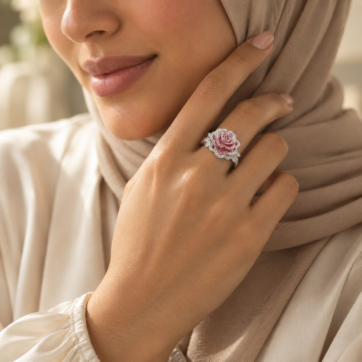 Woman wearing the Rose Ring