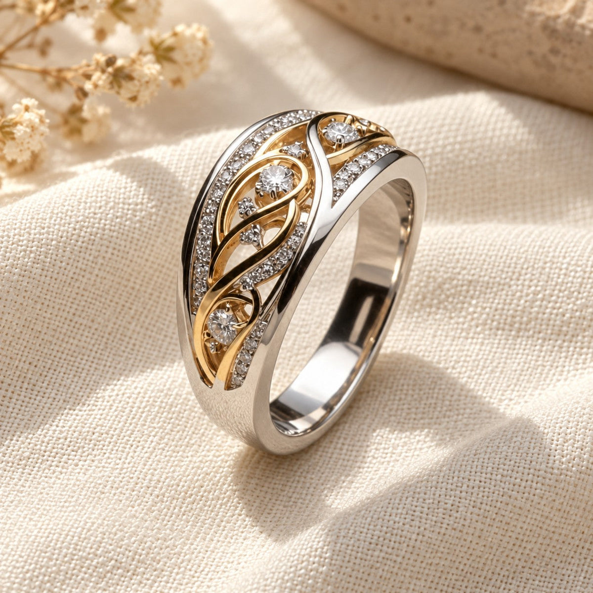 Divine Wave Gold & Silver on cream linen