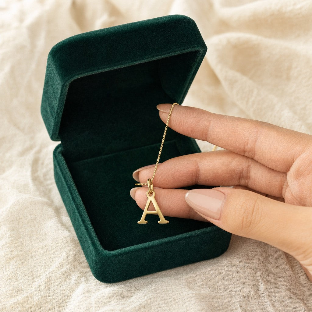 Initial Letter Necklace presented in an plum velvet gift box