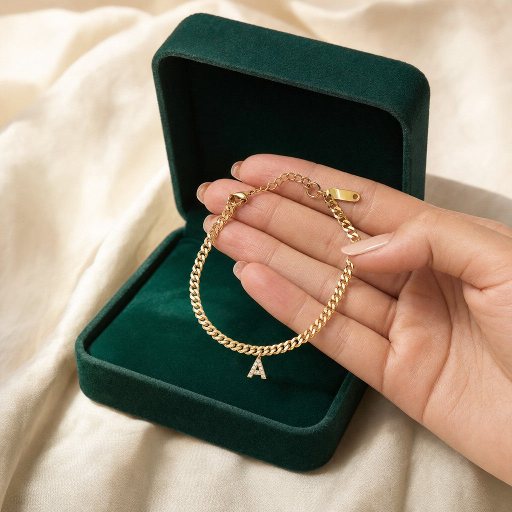 Layali Initial Anklet presented in an plum velvet gift box