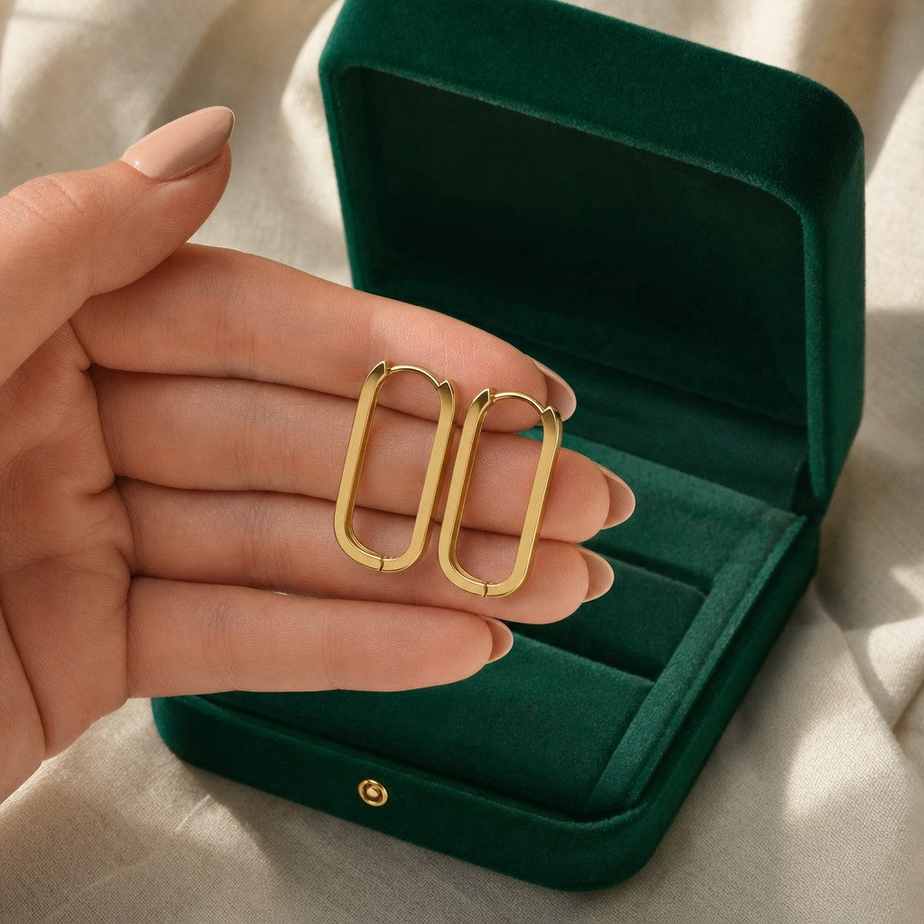 Minimal Square Hoops presented in an plum velvet gift box