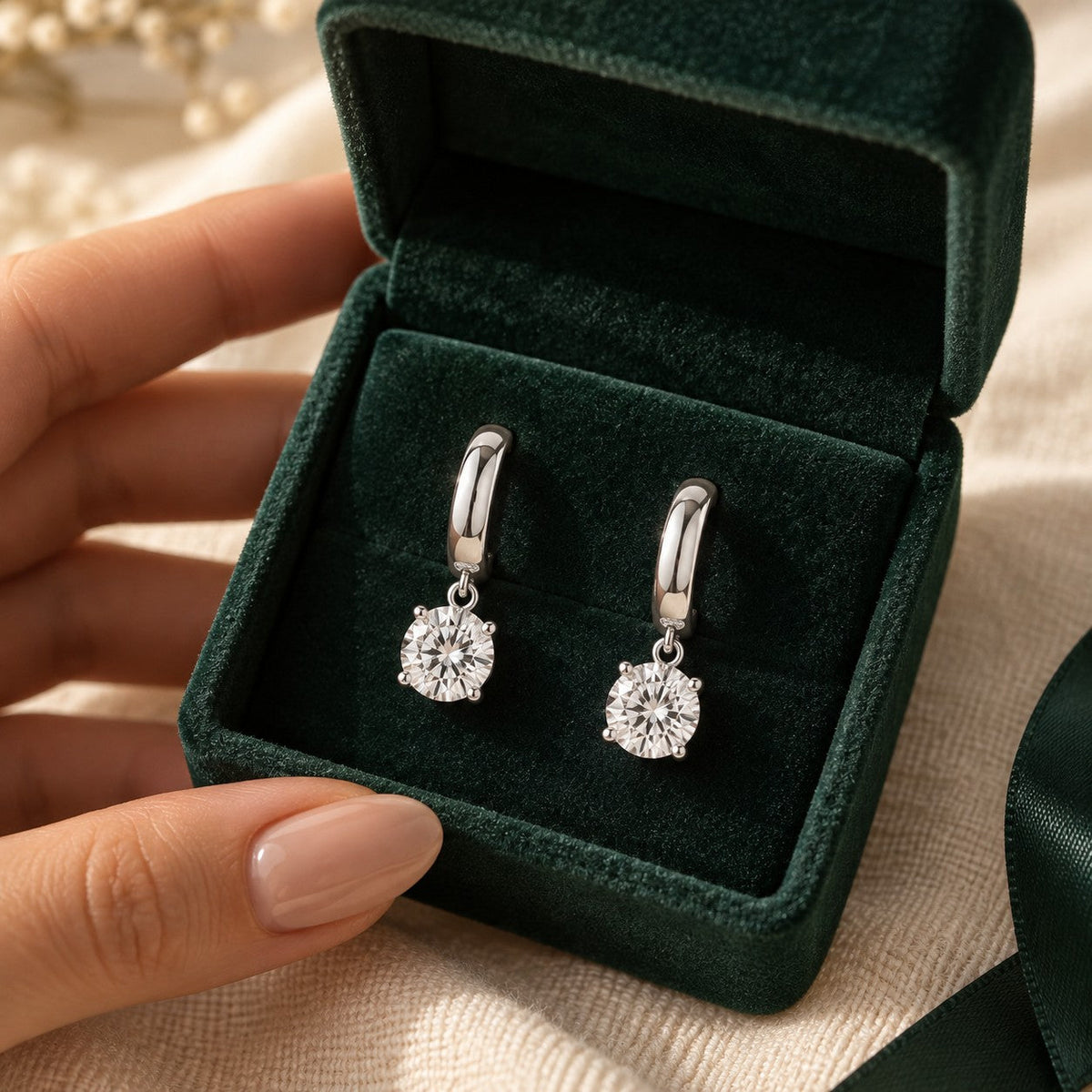 Soraya Moissanite Drop Hoops presented in an plum velvet gift box