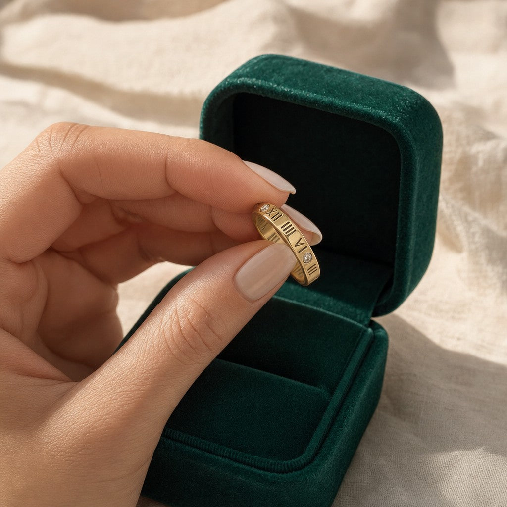 Numeral Ring presented in an plum velvet gift box