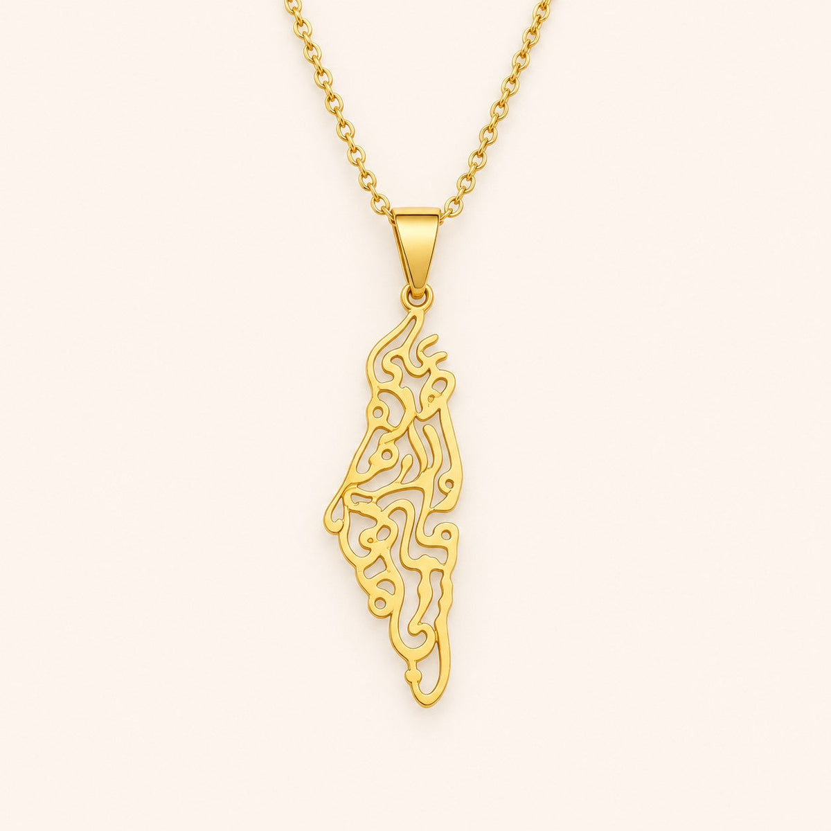 Palestine Calligraphy Map Necklace, gold finish