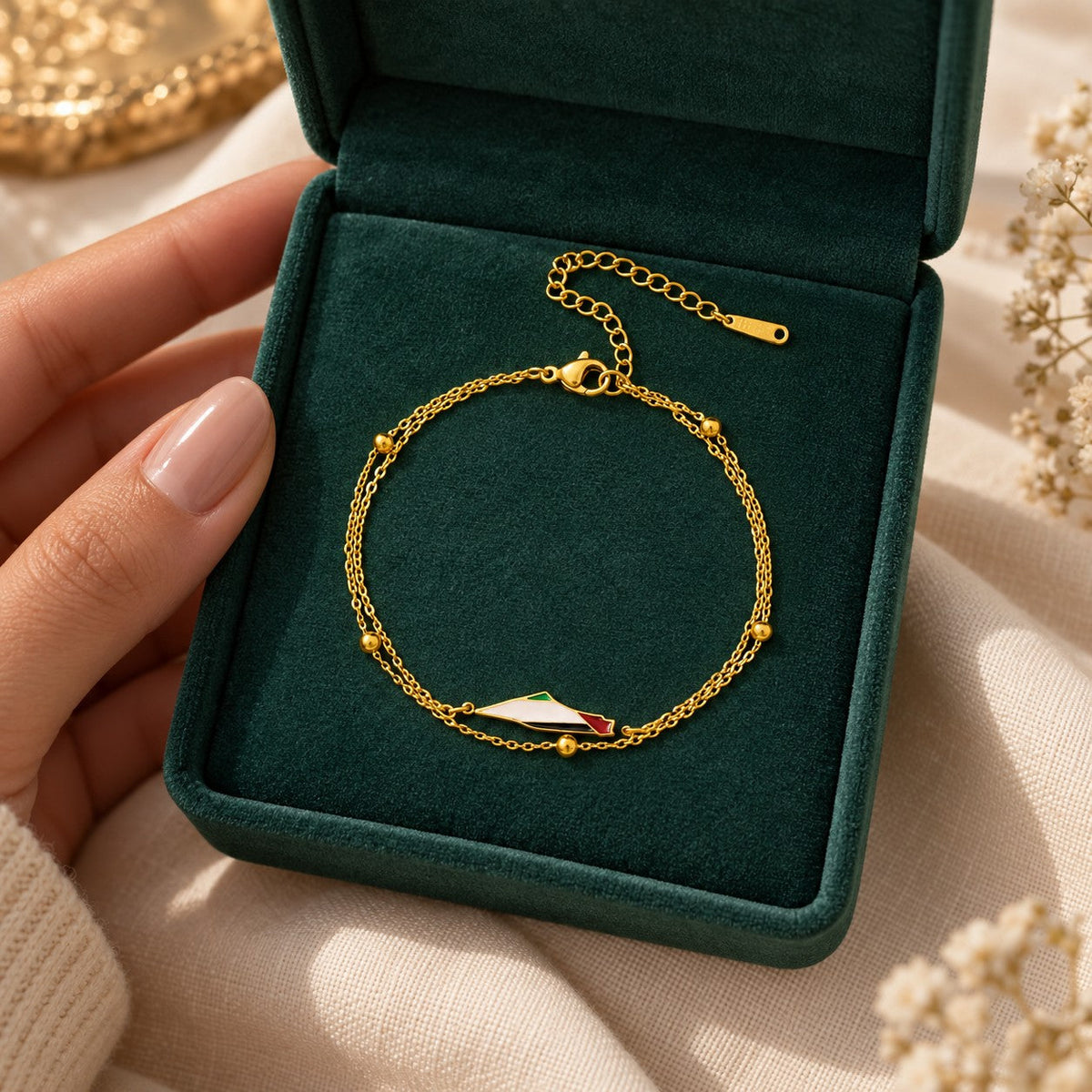 Palestine Map Bracelet presented in an plum velvet gift box