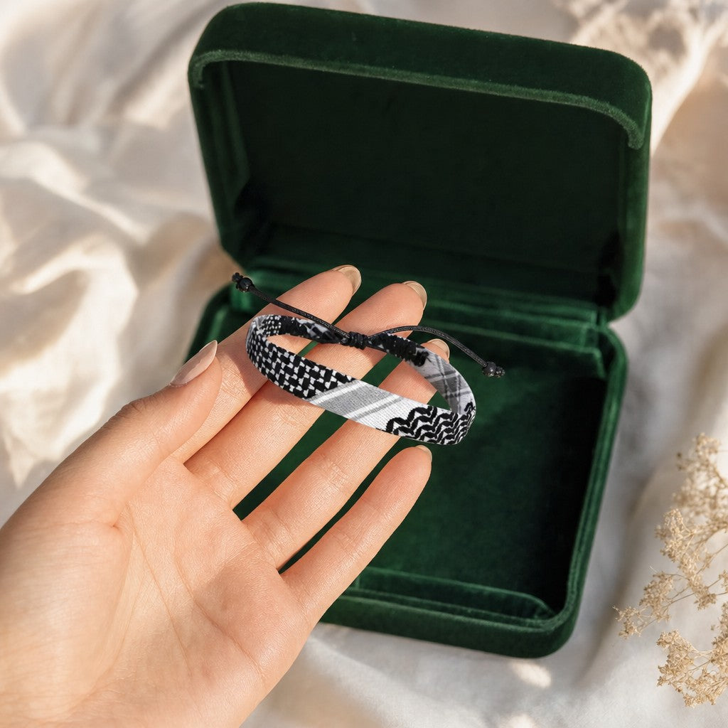 Keffiyeh Bracelet presented in an plum velvet gift box