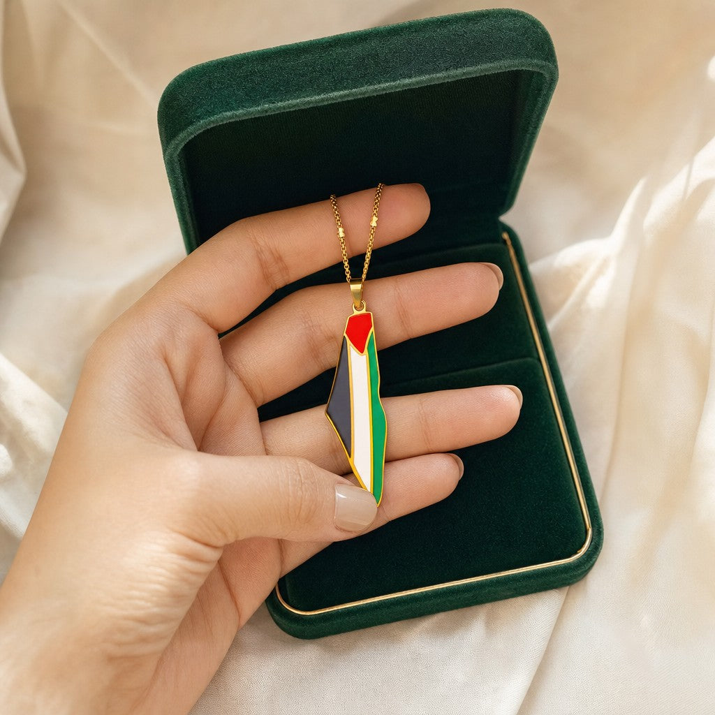 Palestine Pride Map Necklace presented in an plum velvet gift box