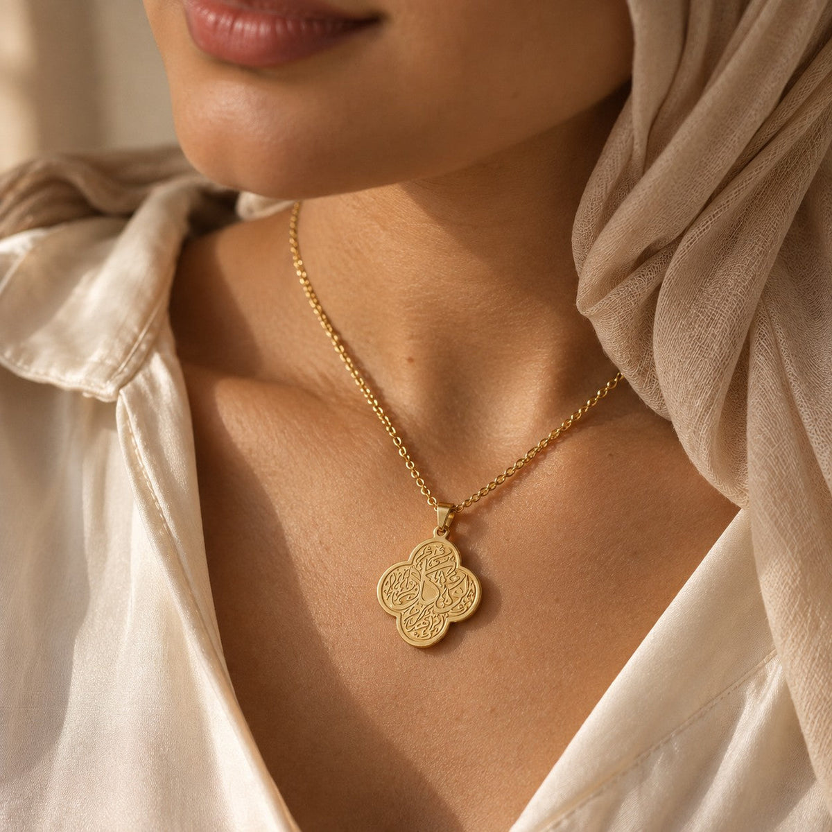 Woman wearing the Rawdat Al Fuad Necklace