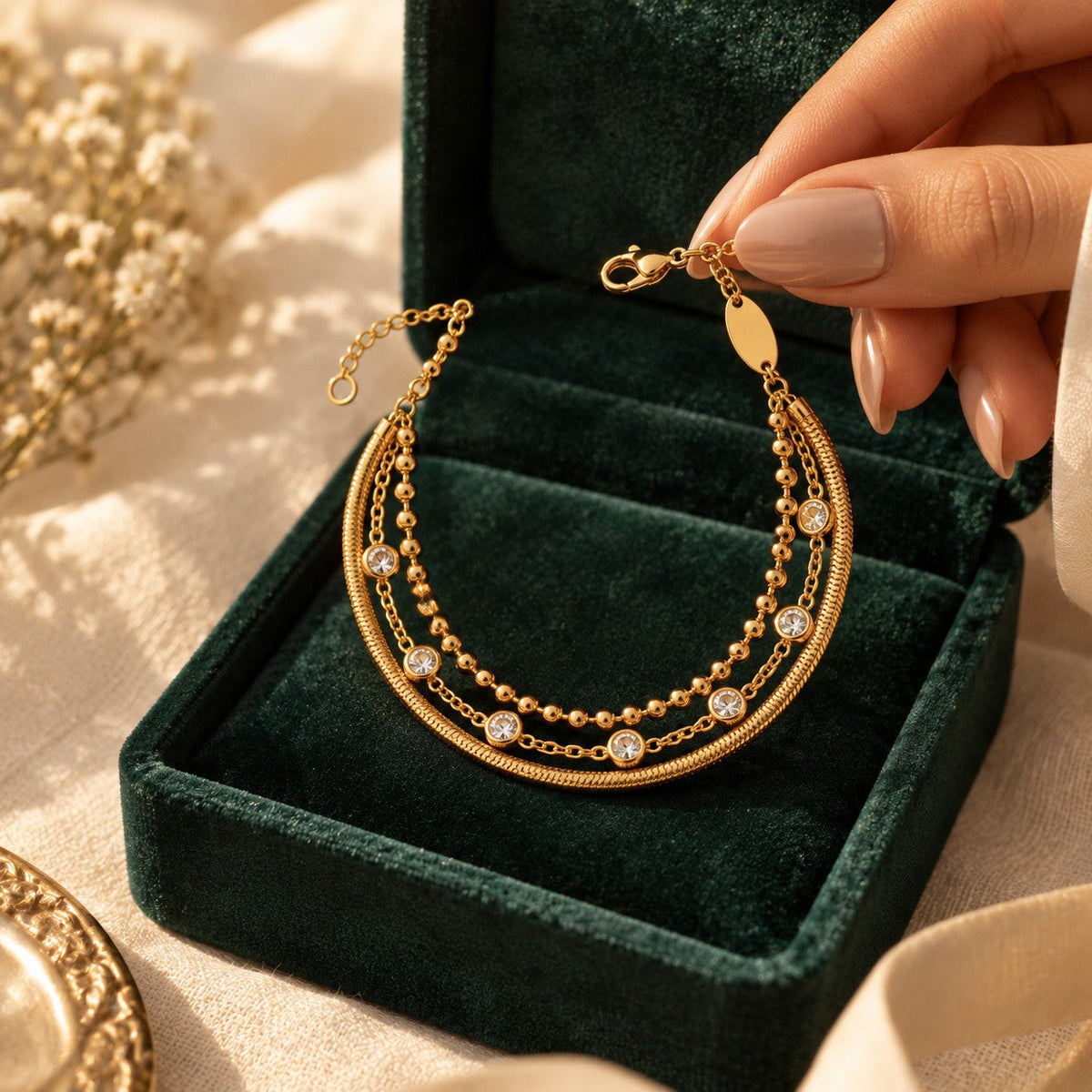 Laythah Bracelet presented in an plum velvet gift box