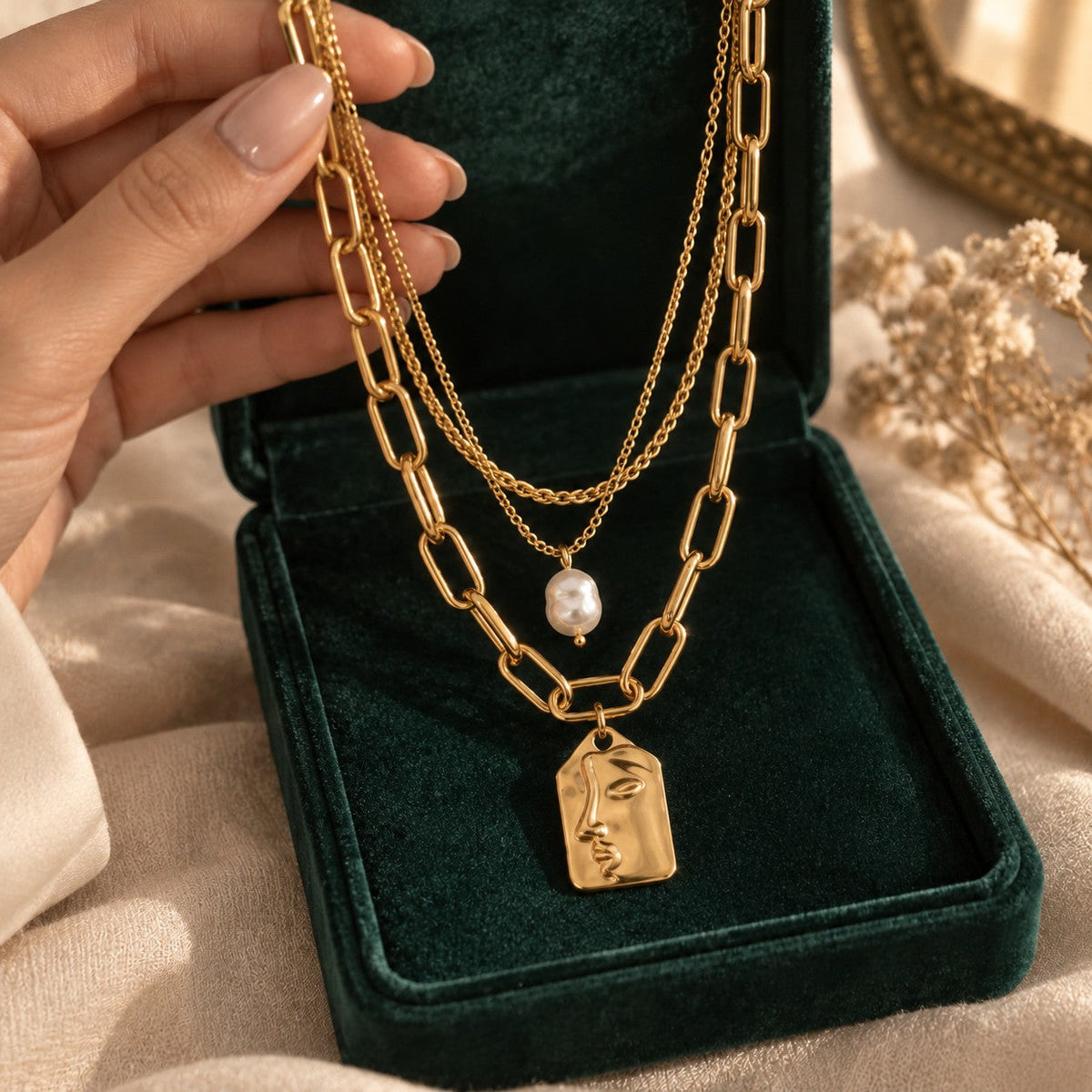 Wajh Necklace presented in an plum velvet gift box