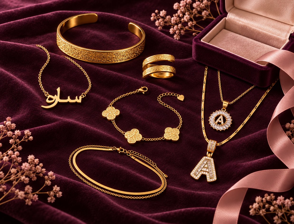 Nadira gold jewellery set on plum velvet with an open jewellery box and rose ribbon