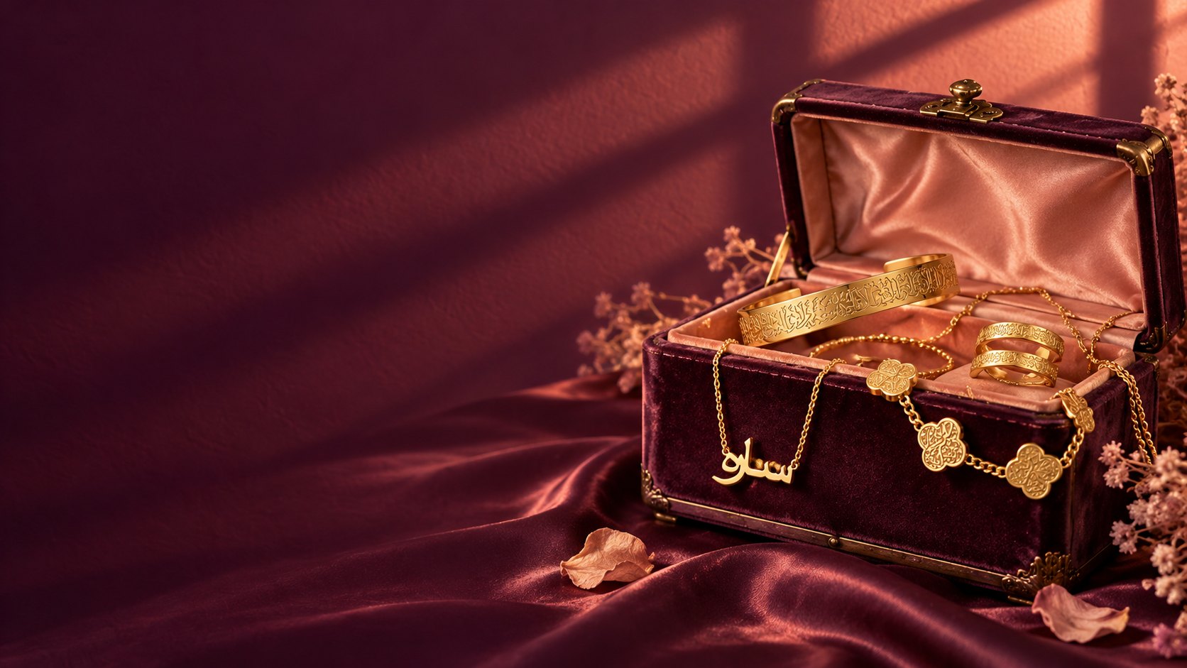 Open plum velvet jewellery box filled with Nadira gold pieces: Arabic name necklace, calligraphy cuff, rings and clover bracelet